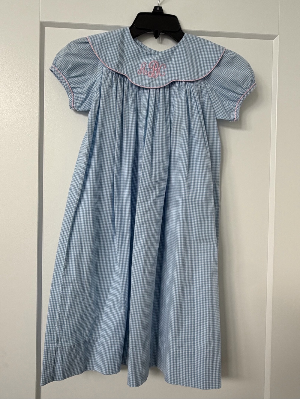 Kelly’s Kids “ABC” Monogrammed Dress Light Blue Check Girls' Dress Pink Trim